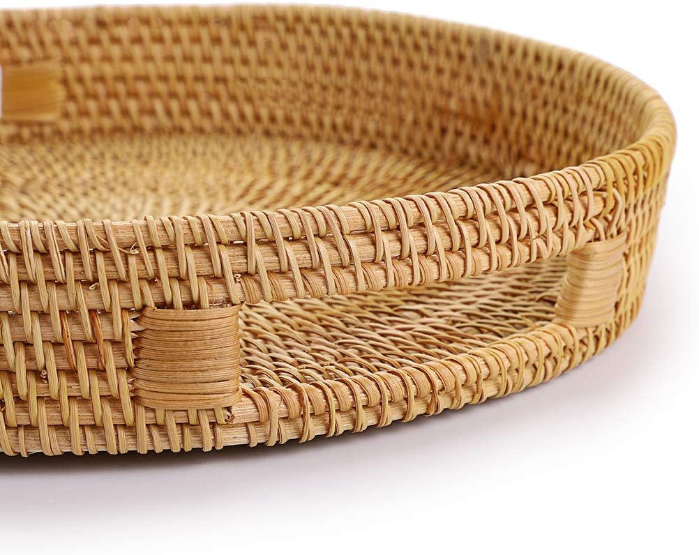 Hipiwe Round Rattan Serving Tray with Handles, Hand-Woven Decorative Organizer Tray for Storage Breakfast Drinks Snack, Centerpiece Fruit Basket for Home Decoration,Large