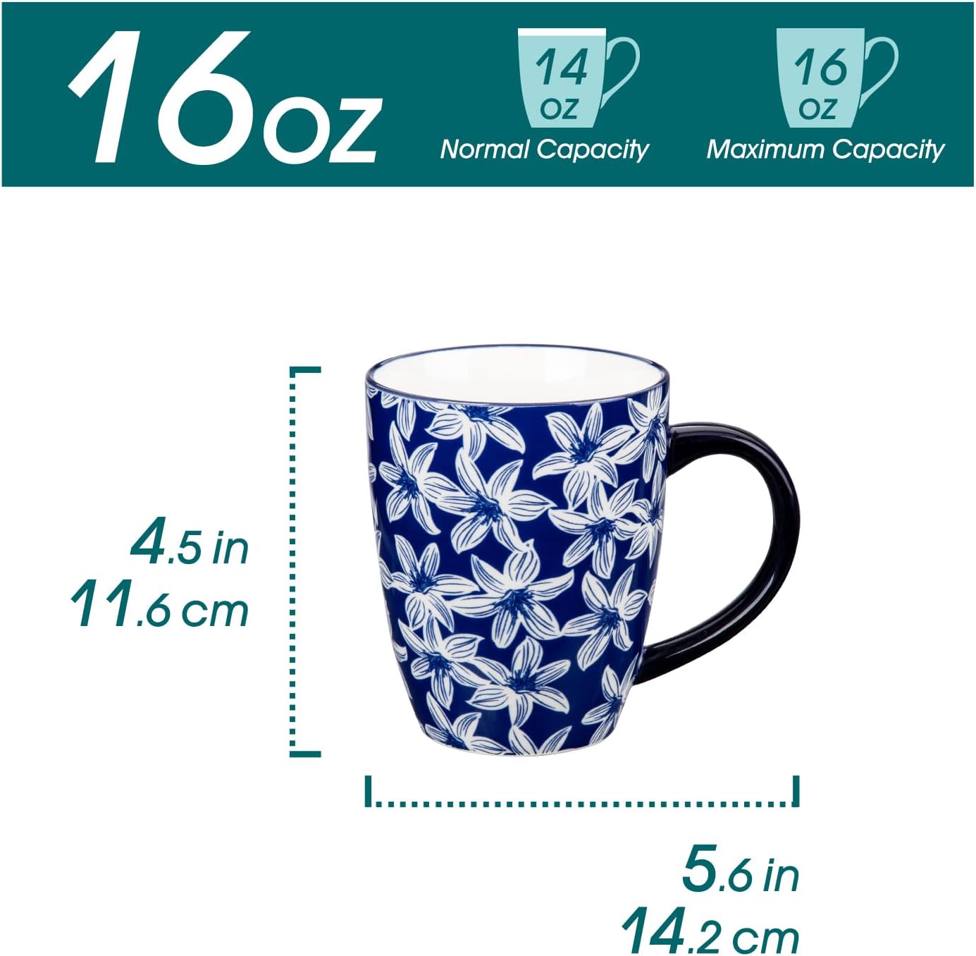 vancasso SELENE Large Coffee Mugs Set of 6, 16 Oz Porcelain Coffee Cups with Handle, Ceramic Tea Cup for Cappuccino, Latte, Tea, Cocoa, Dishwasher & Microwave Safe Gift Sets, Vintage Blue