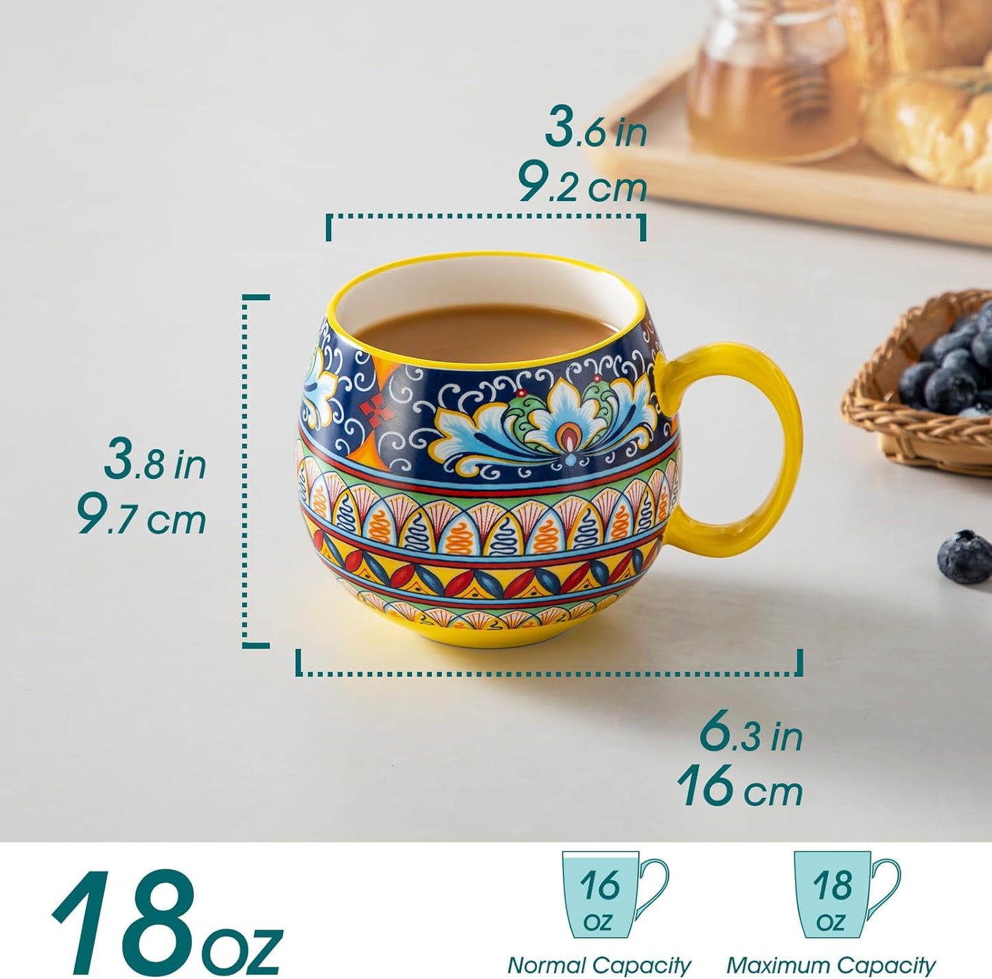 vancasso Coffee Mugs Set of 6, Coffee Cups Ceramic 16oz, Porcelain Coffee Mugs for Cappuccino, Latte, Espresso, Colorful Coffee Mugs with Handle, Rounded Boho Mugs, Microwave & Dishwasher Safe