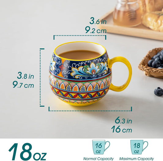 vancasso Coffee Mugs Set of 6, Coffee Cups Ceramic 16oz, Porcelain Coffee Mugs for Cappuccino, Latte, Espresso, Colorful Coffee Mugs with Handle, Rounded Boho Mugs, Microwave & Dishwasher Safe