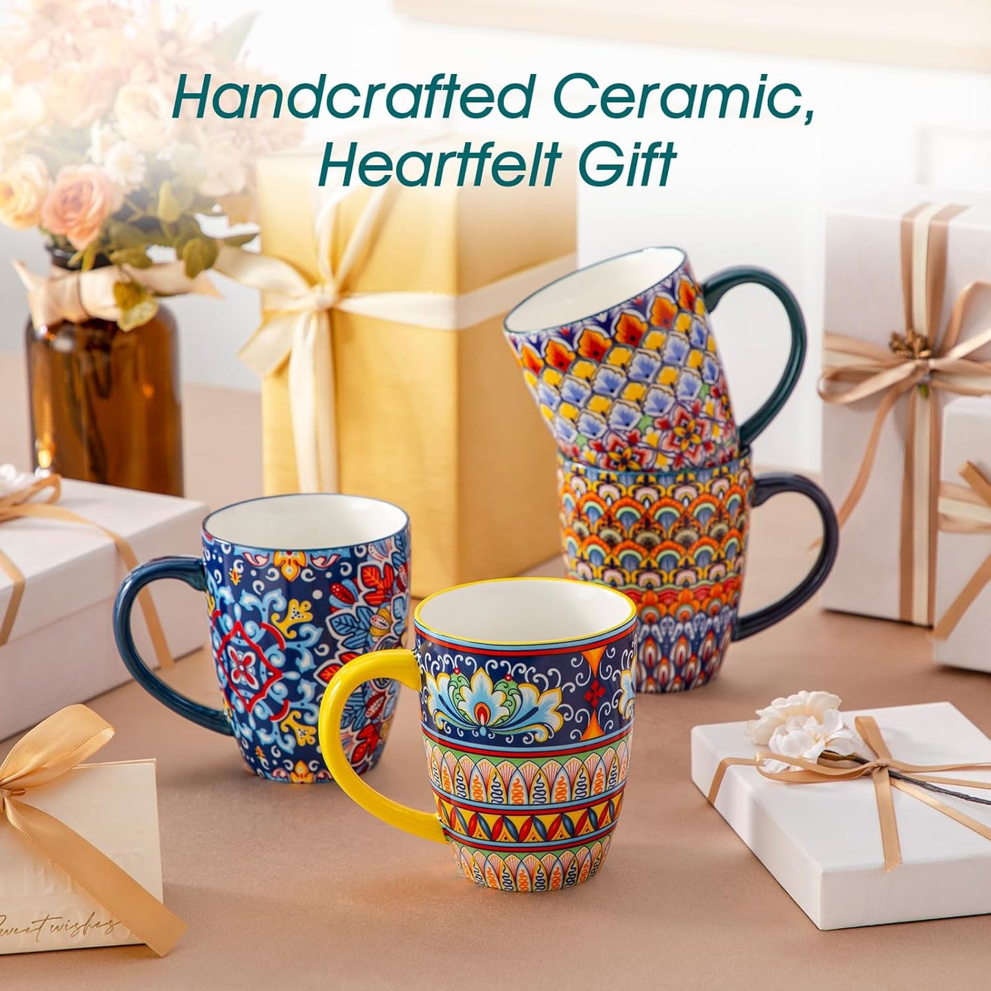 vancasso 16 oz Coffee Mugs Set of 6, Large Ceramic Mug with Handle, Boho Coffee Cups for Latte, Cappuccino & Hot Chocolate, Dishwasher & Microwave Safe Gift Set, Series SIMI