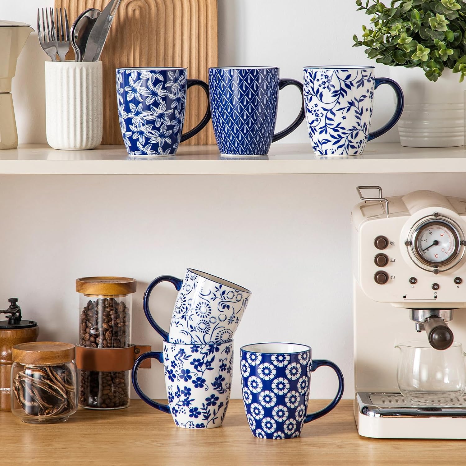 vancasso SELENE Large Coffee Mugs Set of 6, 16 Oz Porcelain Coffee Cups with Handle, Ceramic Tea Cup for Cappuccino, Latte, Tea, Cocoa, Dishwasher & Microwave Safe Gift Sets, Vintage Blue