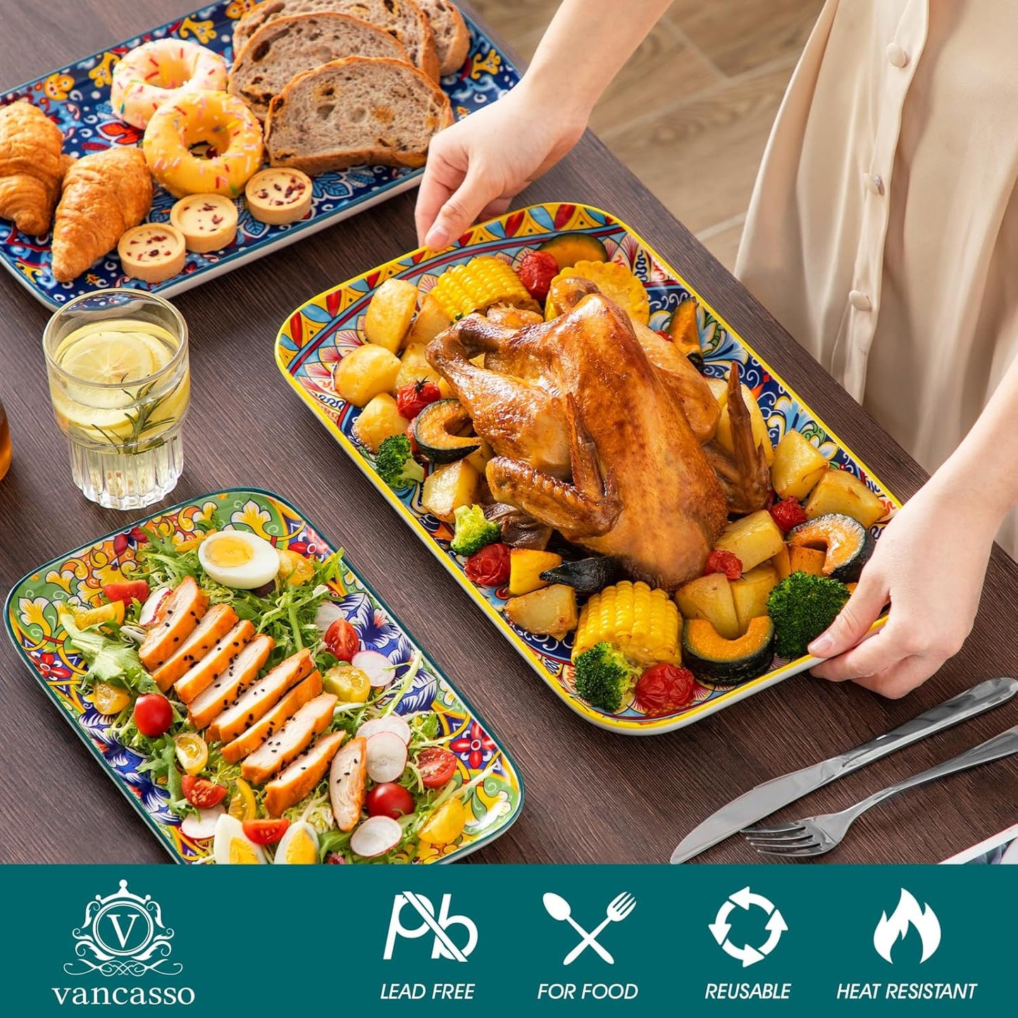 Vancasso Serving Platters Set of 3, 16"/14"/12" Inch Rectangular Trays - Extra Large, Ceramic Bohemian Serving Dish for Entertaining Food, Microwave & Dishwasher Safe, Vintage