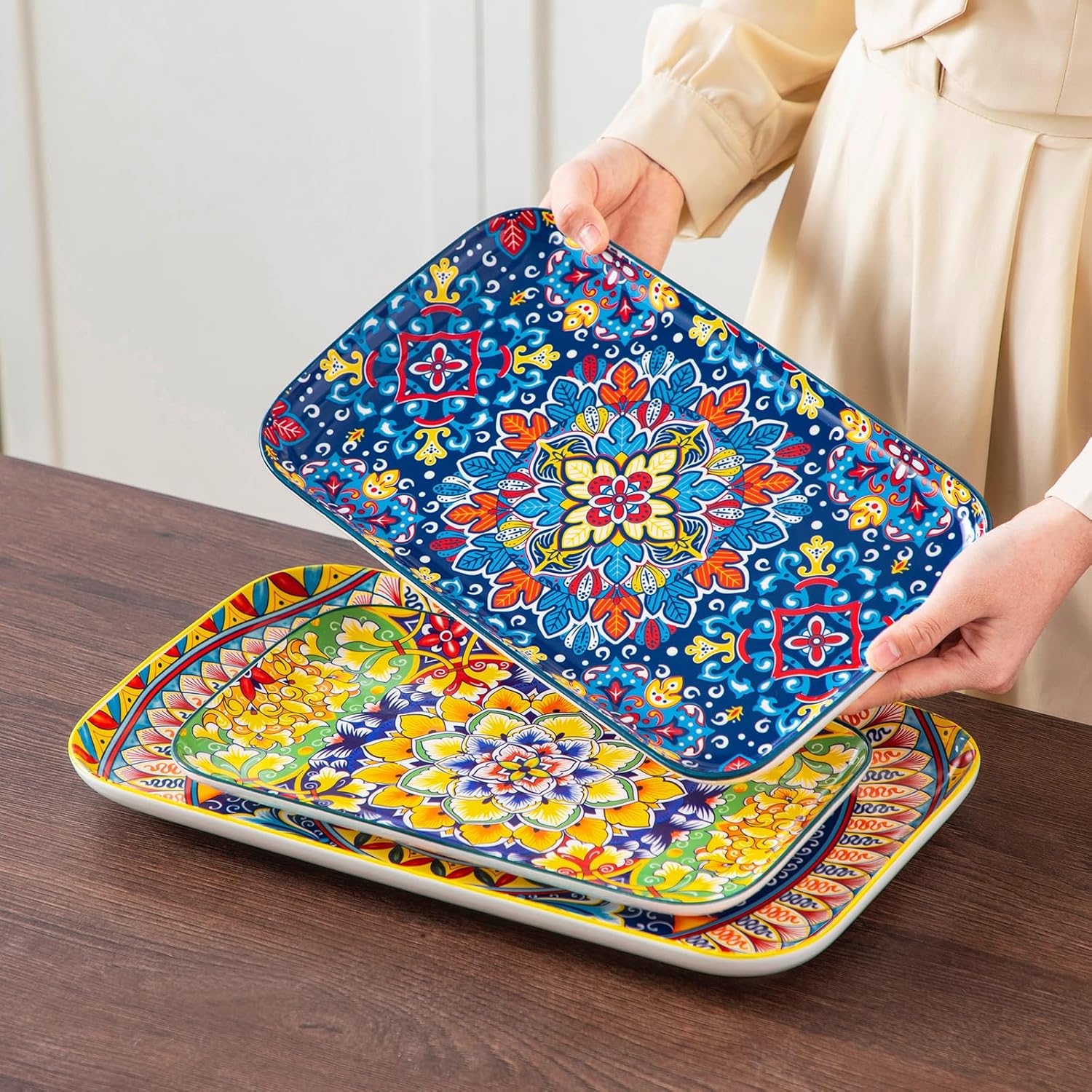 Vancasso Serving Platters Set of 3, 16"/14"/12" Inch Rectangular Trays - Extra Large, Ceramic Bohemian Serving Dish for Entertaining Food, Microwave & Dishwasher Safe, Vintage