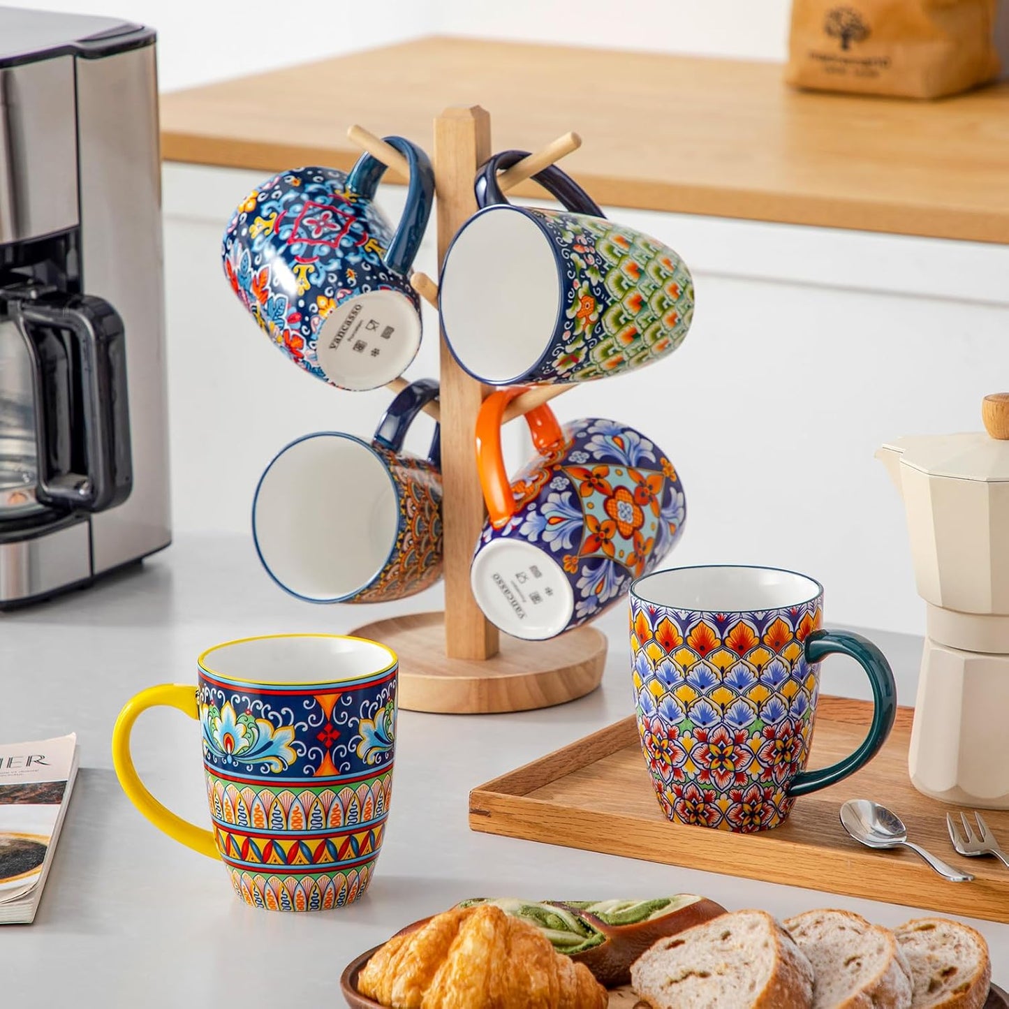 vancasso 16 oz Coffee Mugs Set of 6, Large Ceramic Mug with Handle, Boho Coffee Cups for Latte, Cappuccino & Hot Chocolate, Dishwasher & Microwave Safe Gift Set, Series SIMI