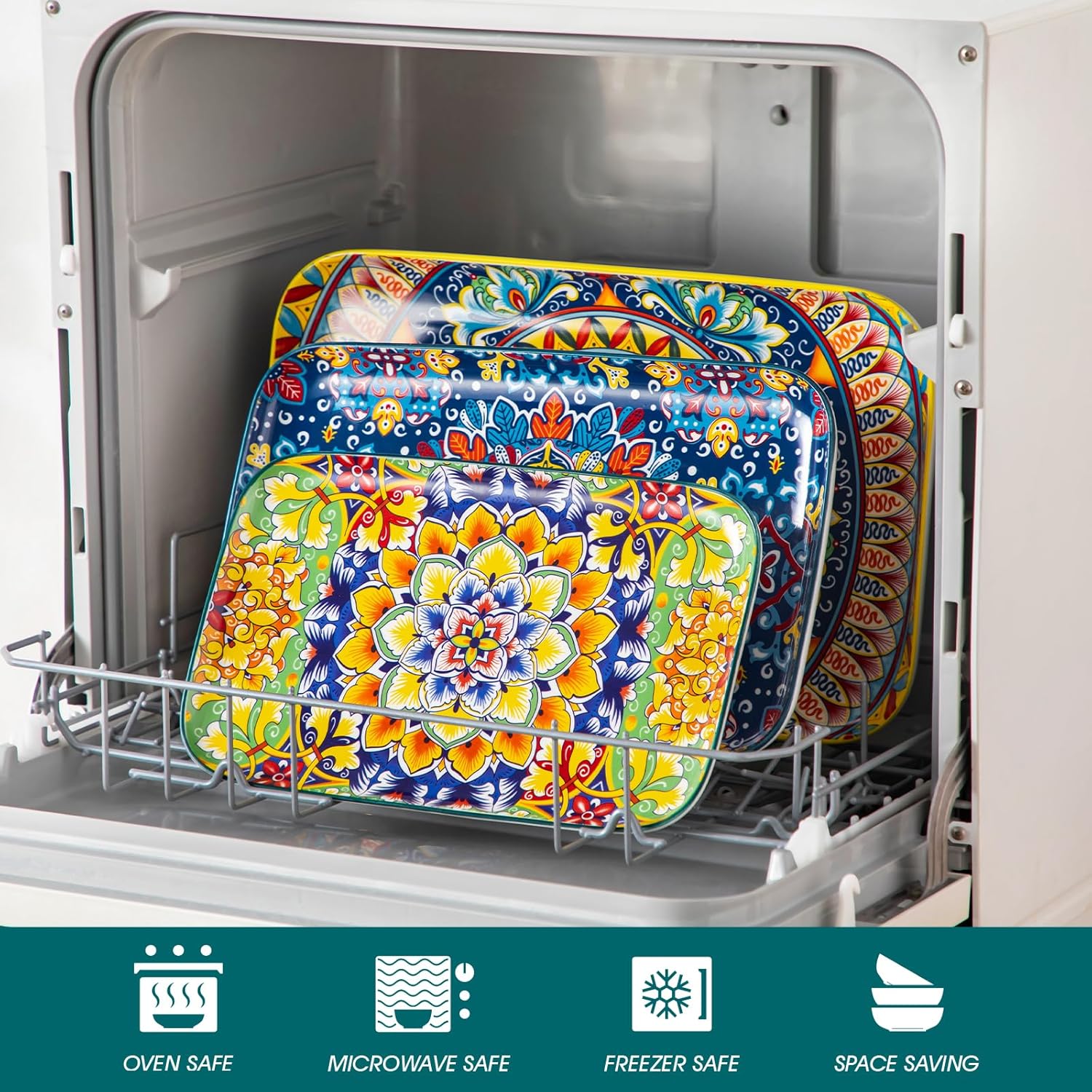 Vancasso Serving Platters Set of 3, 16"/14"/12" Inch Rectangular Trays - Extra Large, Ceramic Bohemian Serving Dish for Entertaining Food, Microwave & Dishwasher Safe, Vintage