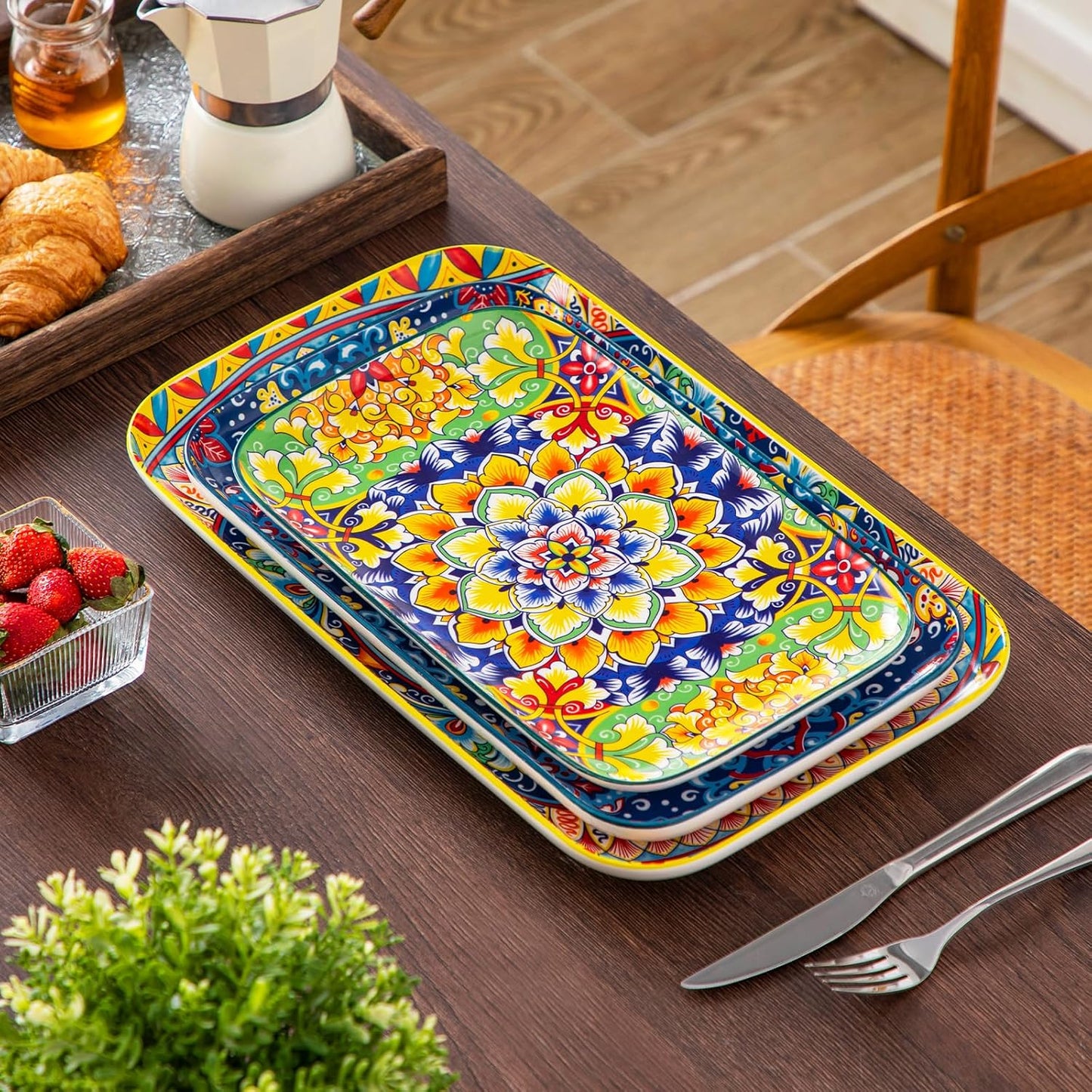 Vancasso Serving Platters Set of 3, 16"/14"/12" Inch Rectangular Trays - Extra Large, Ceramic Bohemian Serving Dish for Entertaining Food, Microwave & Dishwasher Safe, Vintage