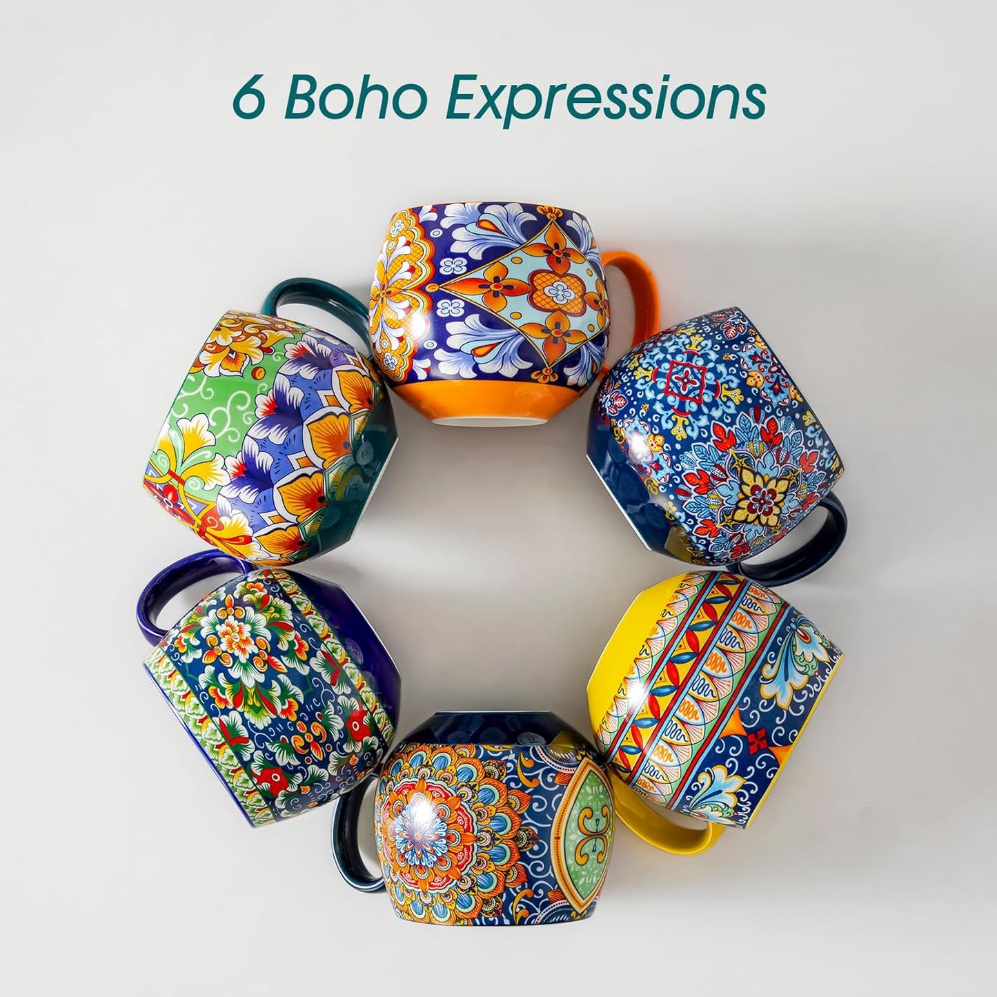 vancasso Coffee Mugs Set of 6, Coffee Cups Ceramic 16oz, Porcelain Coffee Mugs for Cappuccino, Latte, Espresso, Colorful Coffee Mugs with Handle, Rounded Boho Mugs, Microwave & Dishwasher Safe