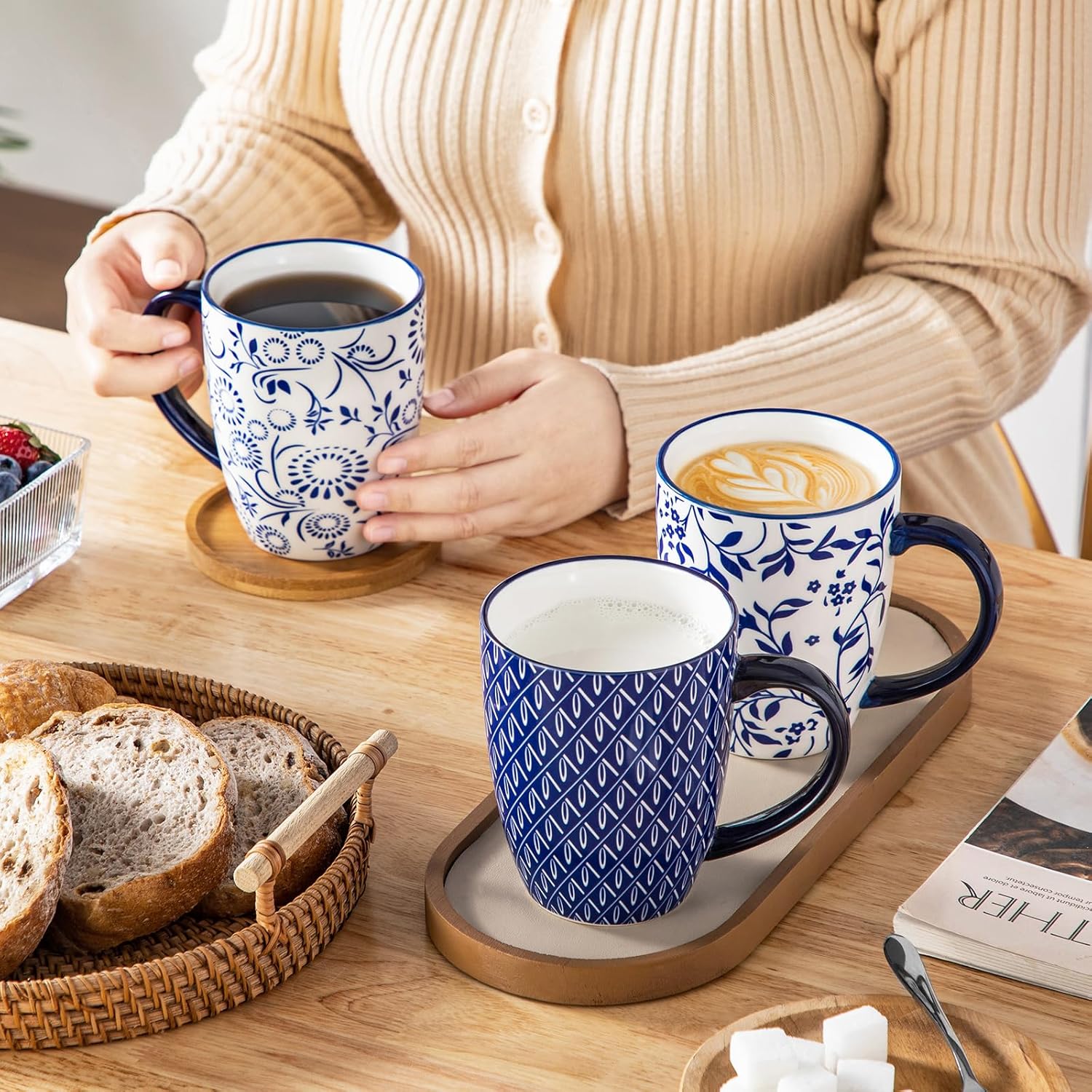 vancasso SELENE Large Coffee Mugs Set of 6, 16 Oz Porcelain Coffee Cups with Handle, Ceramic Tea Cup for Cappuccino, Latte, Tea, Cocoa, Dishwasher & Microwave Safe Gift Sets, Vintage Blue