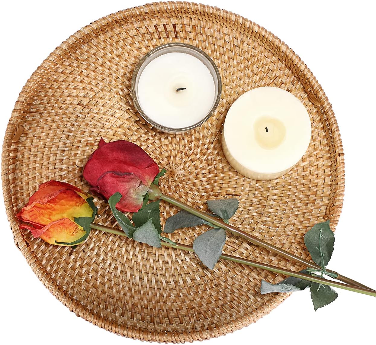 Hipiwe Round Rattan Serving Tray with Handles, Hand-Woven Decorative Organizer Tray for Storage Breakfast Drinks Snack, Centerpiece Fruit Basket for Home Decoration,Large