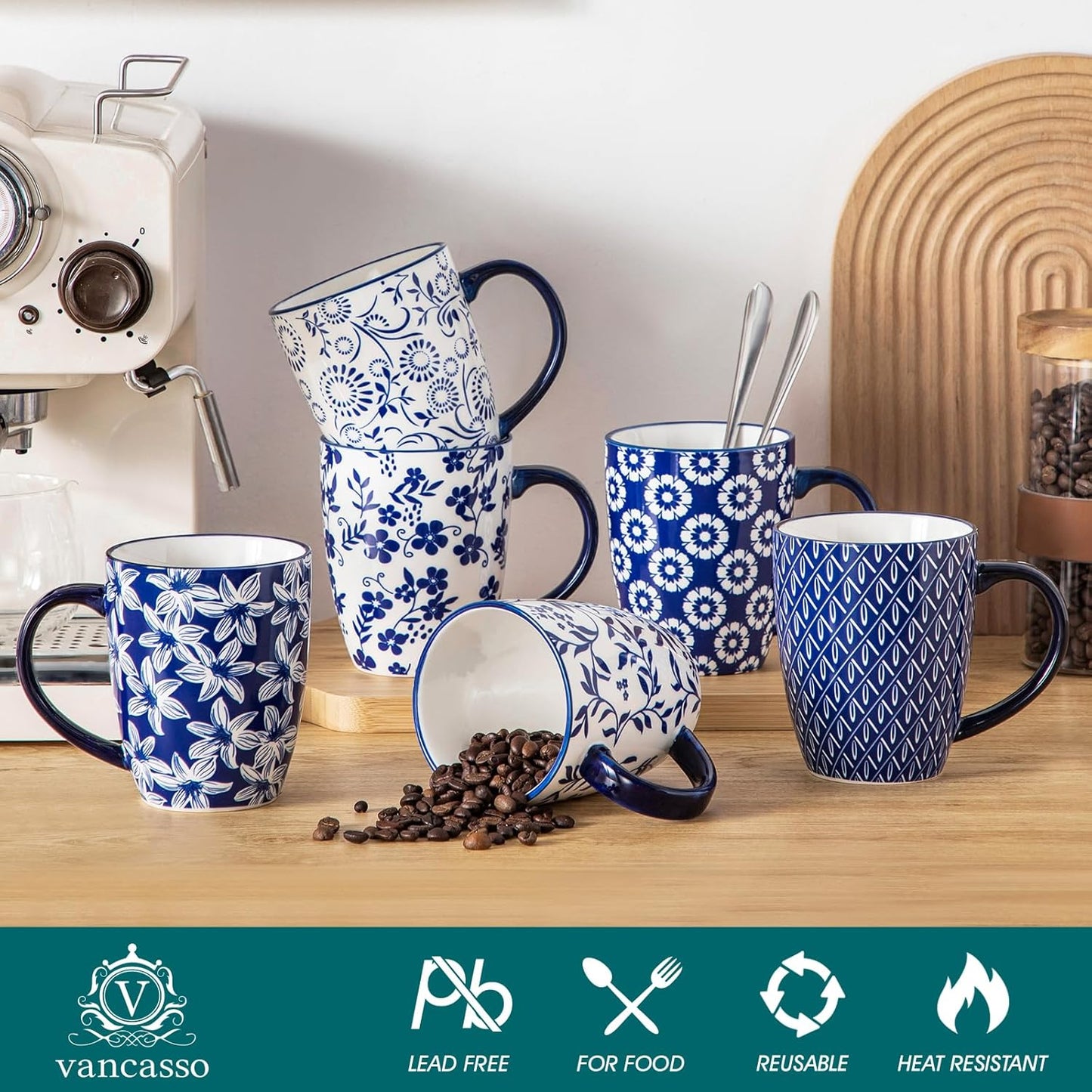 vancasso SELENE Large Coffee Mugs Set of 6, 16 Oz Porcelain Coffee Cups with Handle, Ceramic Tea Cup for Cappuccino, Latte, Tea, Cocoa, Dishwasher & Microwave Safe Gift Sets, Vintage Blue