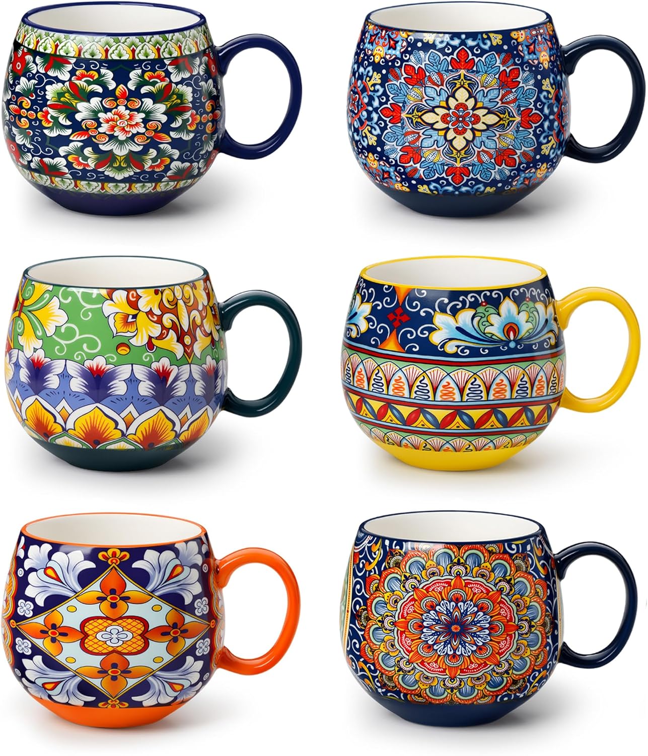 vancasso Coffee Mugs Set of 6, Coffee Cups Ceramic 16oz, Porcelain Coffee Mugs for Cappuccino, Latte, Espresso, Colorful Coffee Mugs with Handle, Rounded Boho Mugs, Microwave & Dishwasher Safe