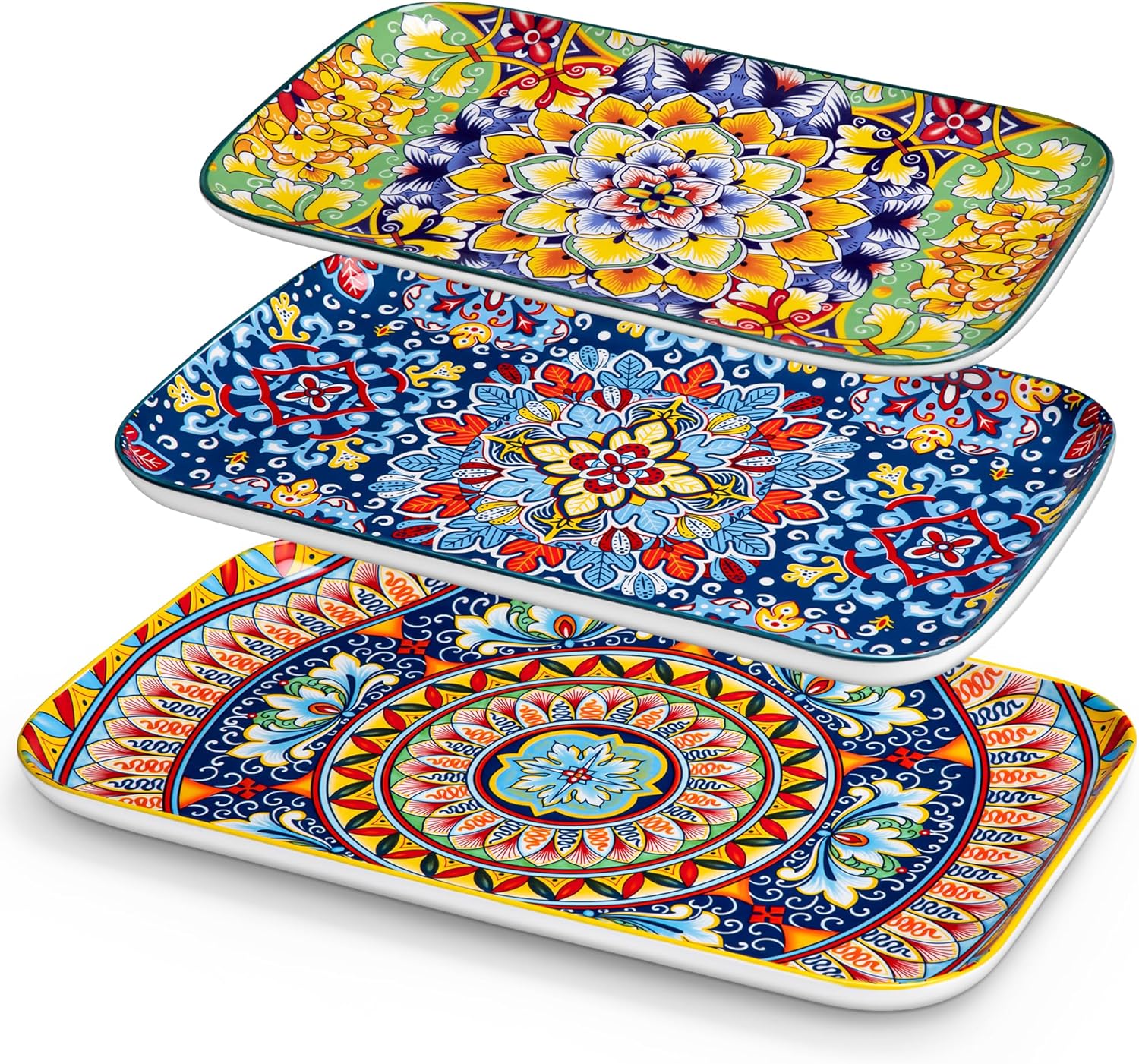 Vancasso Serving Platters Set of 3, 16"/14"/12" Inch Rectangular Trays - Extra Large, Ceramic Bohemian Serving Dish for Entertaining Food, Microwave & Dishwasher Safe, Vintage