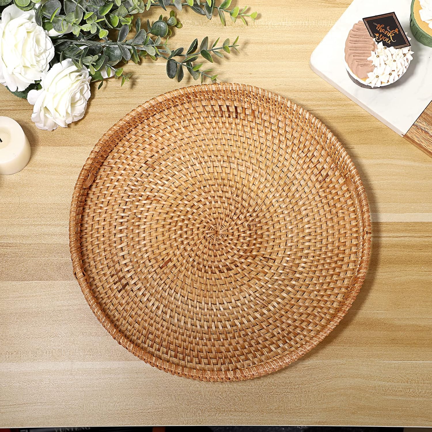 Hipiwe Round Rattan Serving Tray with Handles, Hand-Woven Decorative Organizer Tray for Storage Breakfast Drinks Snack, Centerpiece Fruit Basket for Home Decoration,Large