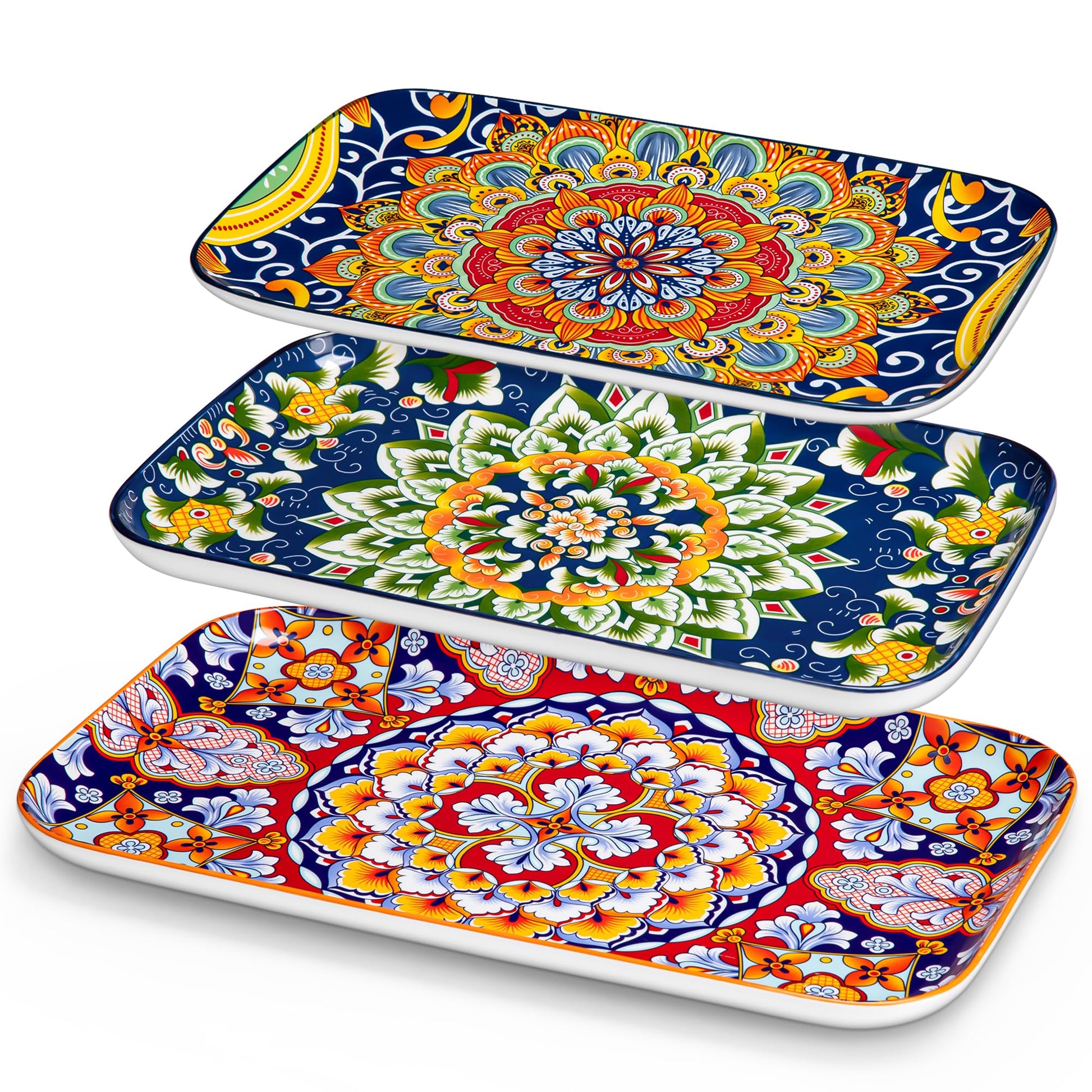 Vancasso Serving Platters Set of 3, 16"/14"/12" Inch Rectangular Trays - Extra Large, Ceramic Bohemian Serving Dish for Entertaining Food, Microwave & Dishwasher Safe, Vintage